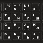 Наклейки на клавиатуру 13x13 мм русско-английские, белые буквы на чёрном фоне